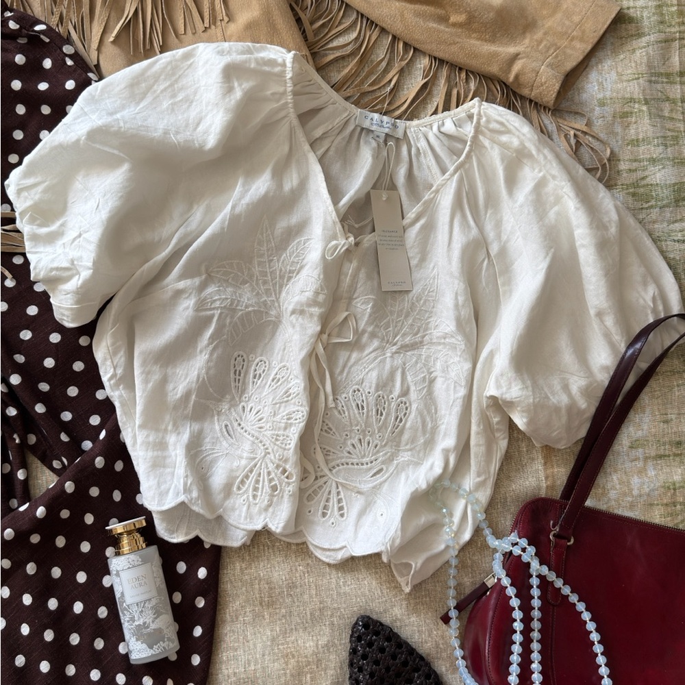 Calypso St. Barth White Embroidered Cotton Peasant Blouse